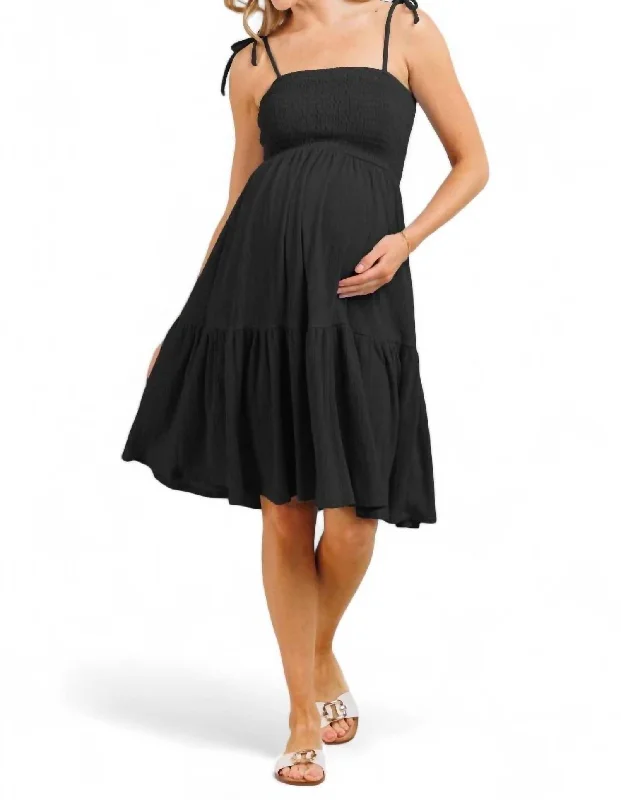 Smocked Tie Strap Maternity Ruffle Dress In Black