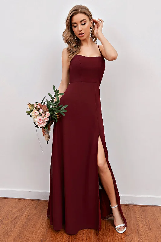 Burgundy Spaghetti Straps Long Bridesmaid Dress with Split