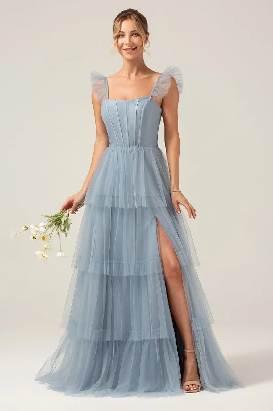 Detachable Straps A Line Tiered Long Dusty Blue Bridesmaid Dress