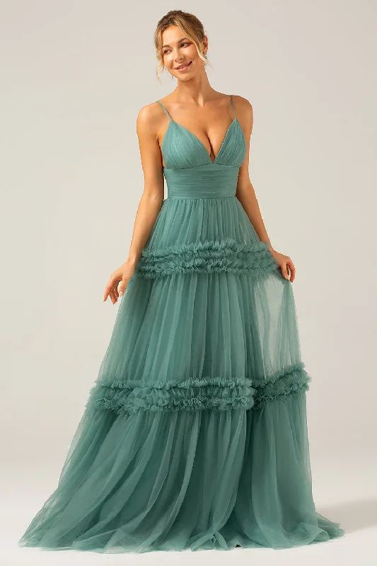 Green Tulle A Line Spaghetti Straps Long Bridesmaid Dress with Ruffles