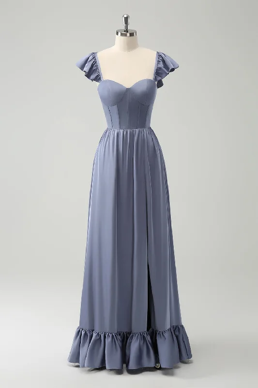 Grey Blue A Line Backless Corset Chiffon Bridesmaid Dress