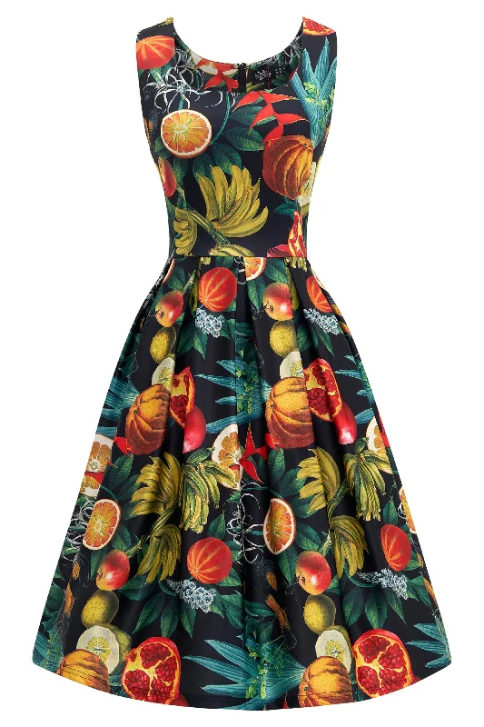 Amanda Black Tropical Fruits Print Pleated Dress