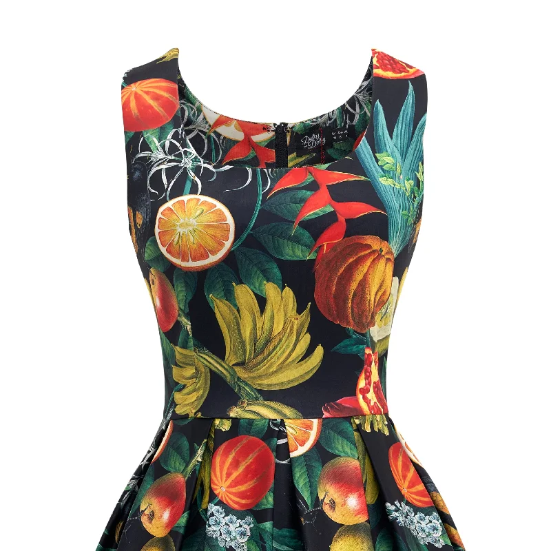 Amanda Black Tropical Fruits Print Pleated Dress