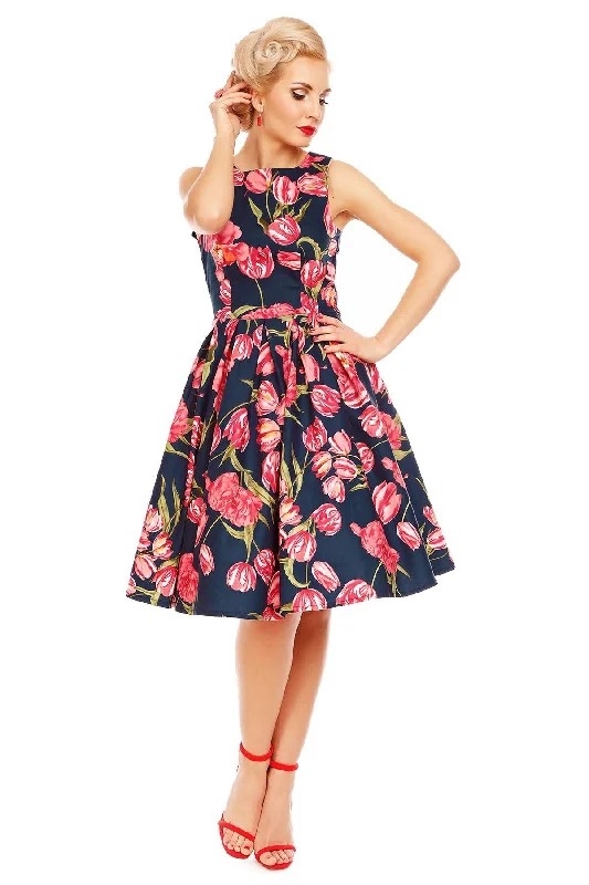 Annie Retro Tulip Floral Swing Dress in Blue-Pink