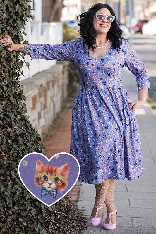 Billie Purple Nerdy Cat Long Sleeved Dress