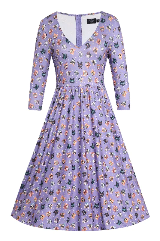 Billie Purple Nerdy Cat Long Sleeved Dress