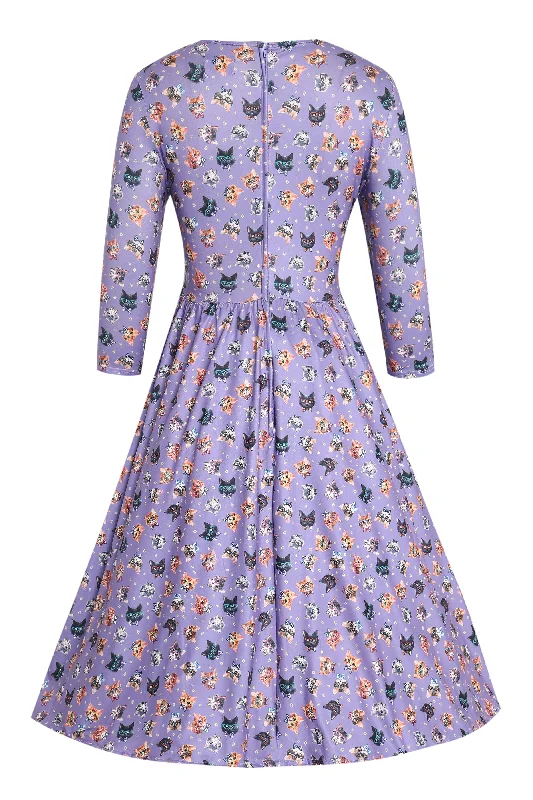 Billie Purple Nerdy Cat Long Sleeved Dress