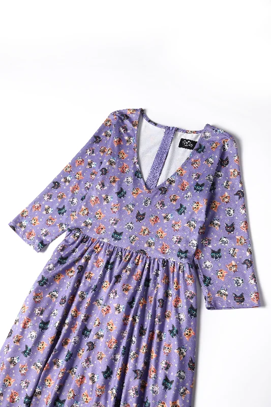 Billie Purple Nerdy Cat Long Sleeved Dress