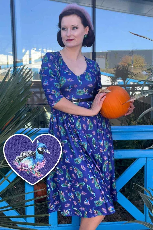 Billie Purple Dress in Peacock Birds Floral Print