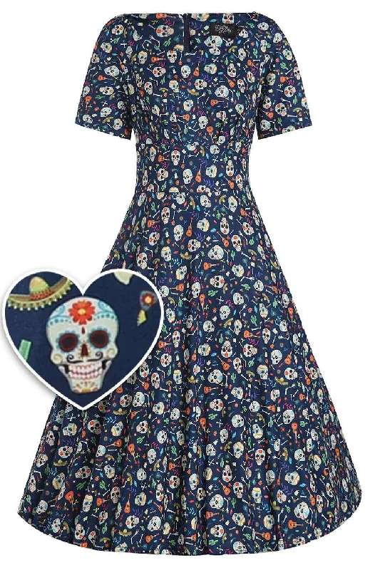 Brenda Navy Blue Flare Dress in Day of the Dead Sugar Skulls