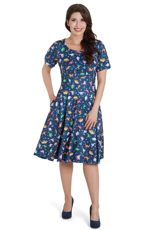 Brenda Navy Blue Dinosaur Flared Dress