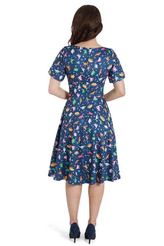 Brenda Navy Blue Dinosaur Flared Dress