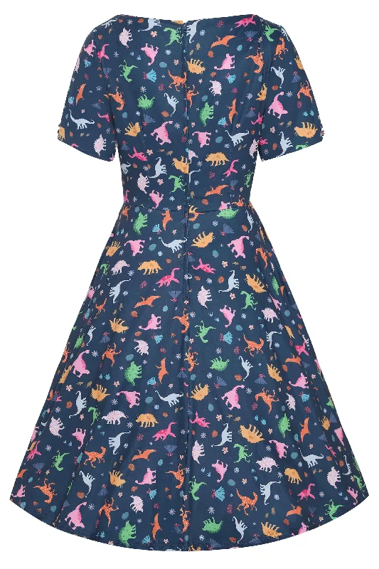 Brenda Navy Blue Dinosaur Flared Dress