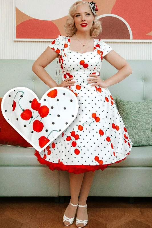 Claudia 50's Dress in White Cherry Dot Print