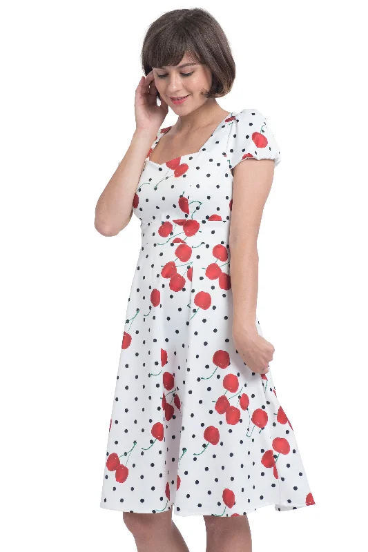 Claudia 50's Dress in White Cherry Dot Print