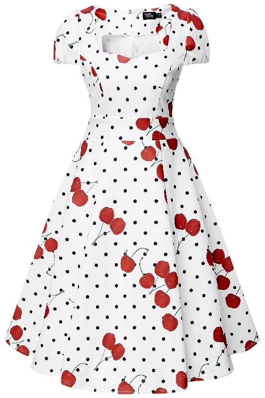 Claudia 50's Dress in White Cherry Dot Print