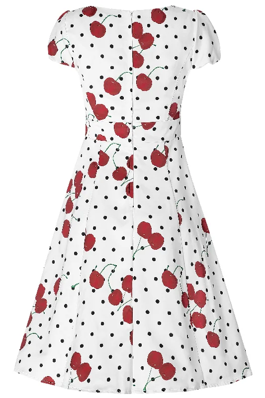 Claudia 50's Dress in White Cherry Dot Print