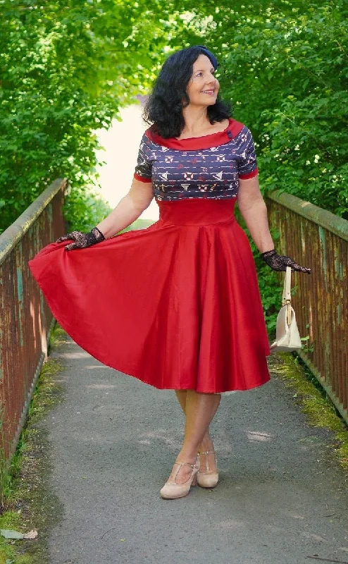 Darlene Nautical Navy Blue & Burgundy Swing Dress