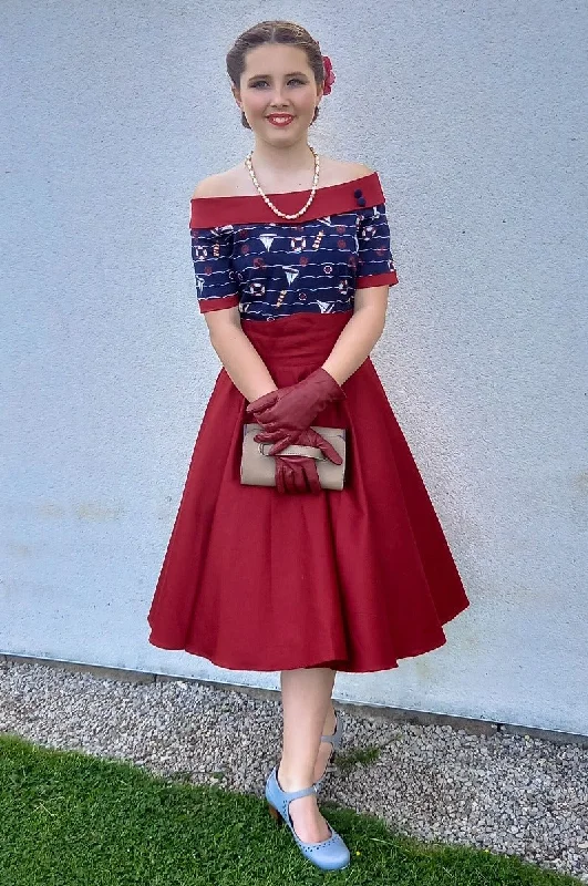 Darlene Nautical Navy Blue & Burgundy Swing Dress