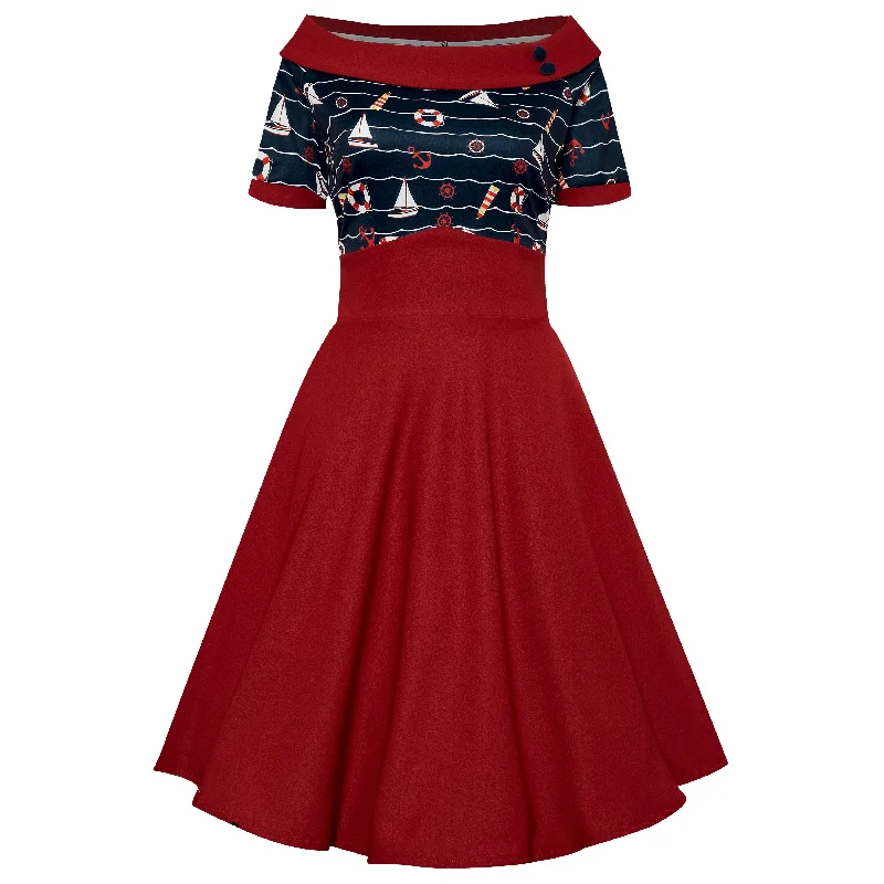 Darlene Nautical Navy Blue & Burgundy Swing Dress