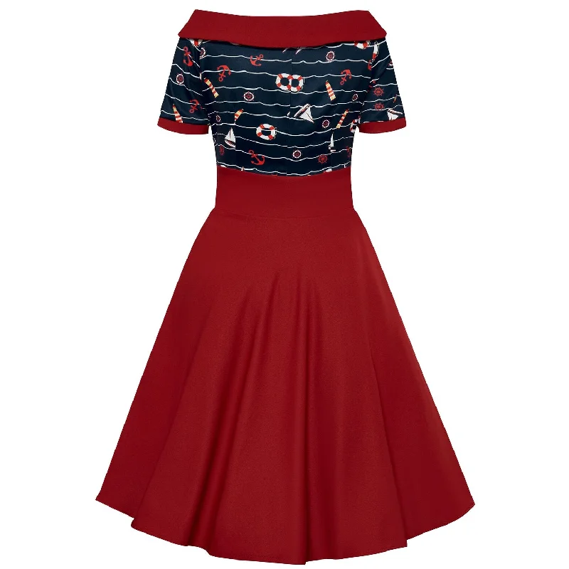 Darlene Nautical Navy Blue & Burgundy Swing Dress