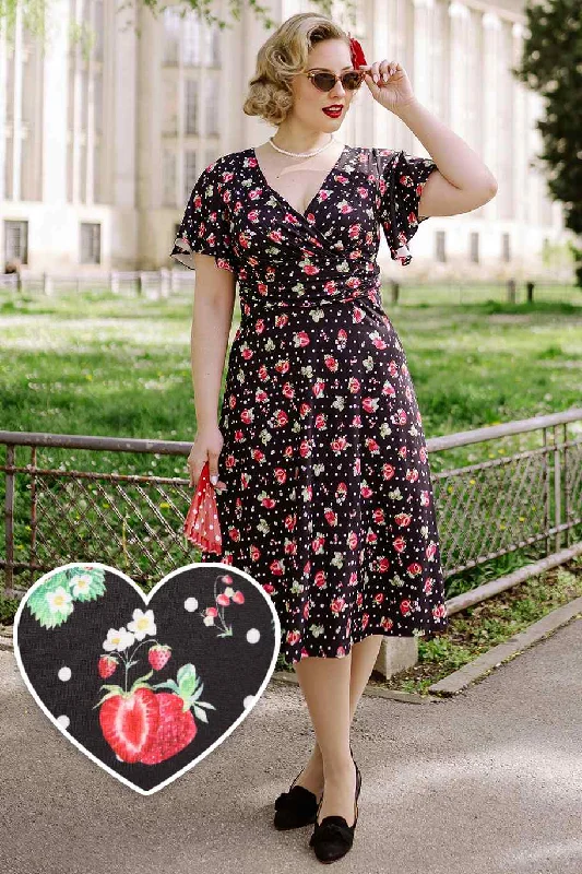 Donna Crossover Bust Black Strawberry Dress