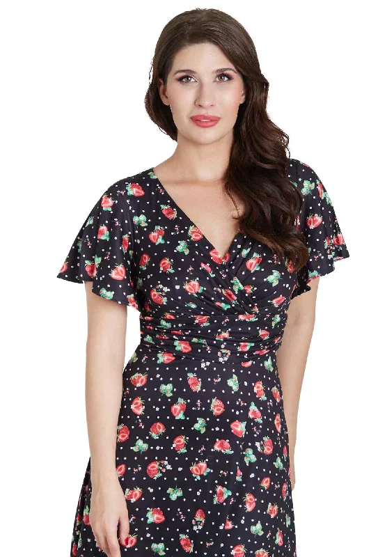 Donna Crossover Bust Black Strawberry Dress