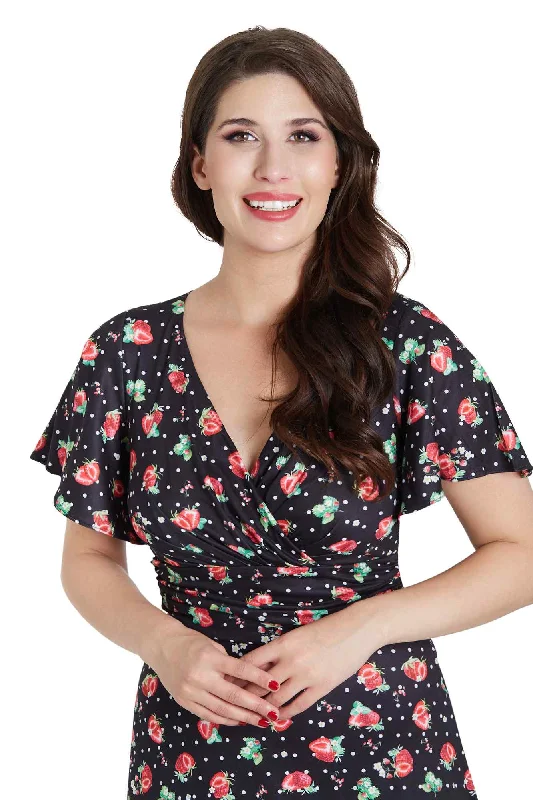 Donna Crossover Bust Black Strawberry Dress