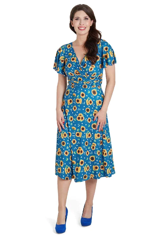 Donna Crossover Bust Blue Sunflower Dress