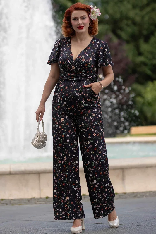 Esther Black Meadow Butterfly Sleeved Jumpsuit