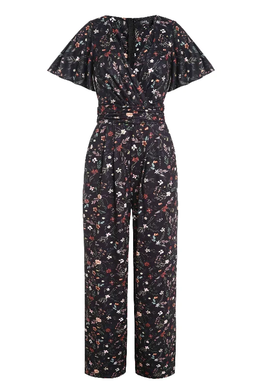 Esther Black Meadow Butterfly Sleeved Jumpsuit