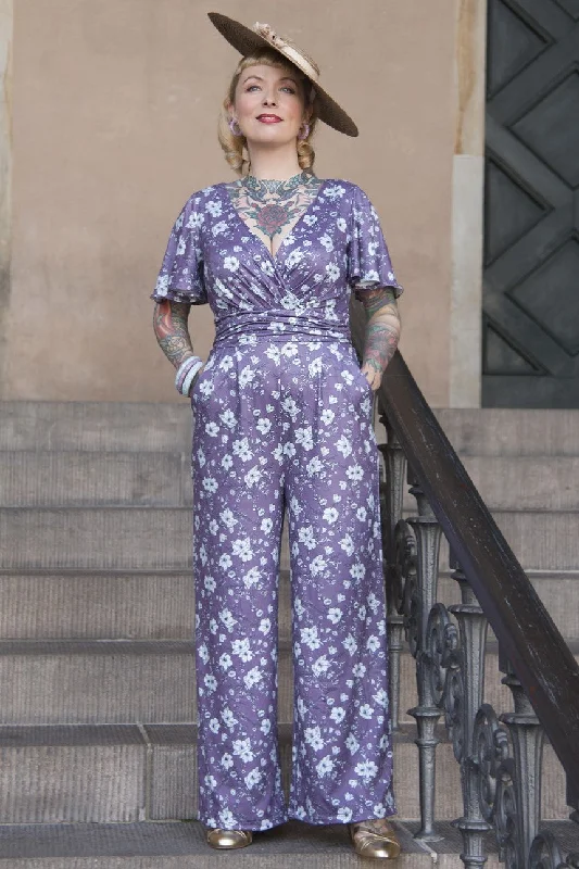 Esther Purple Floral Butterfly Sleeved Jumpsuit