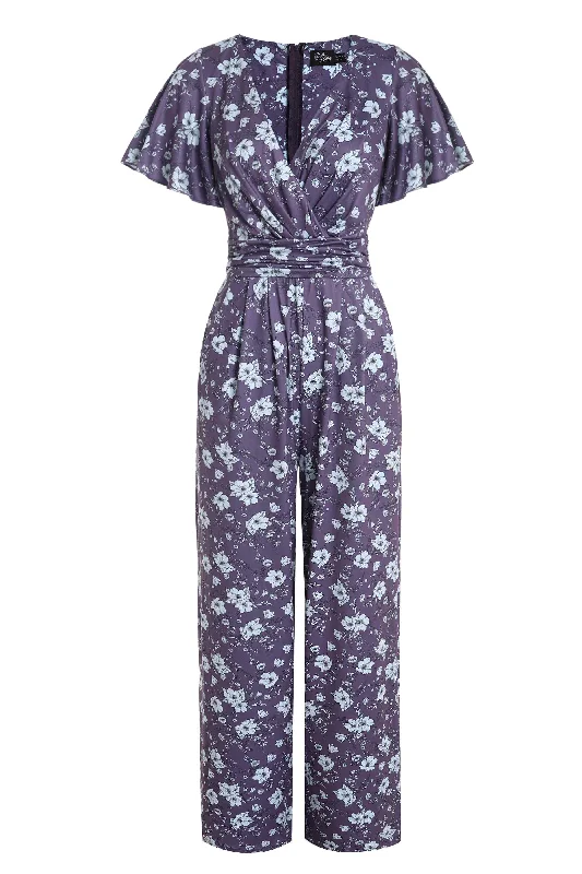 Esther Purple Floral Butterfly Sleeved Jumpsuit