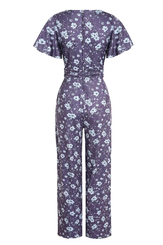 Esther Purple Floral Butterfly Sleeved Jumpsuit