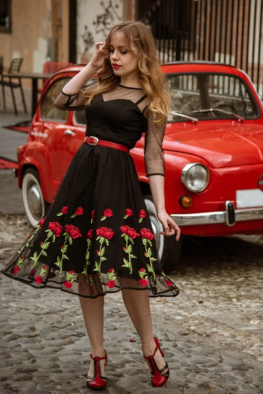 Ruby Black Evening Mesh Dress with Embroidered Roses