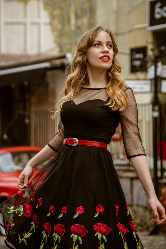 Ruby Black Evening Mesh Dress with Embroidered Roses