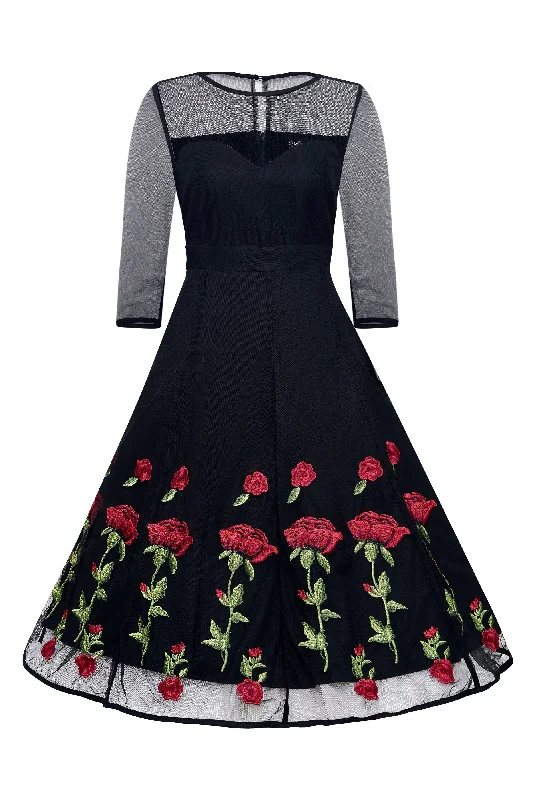 Ruby Black Evening Mesh Dress with Embroidered Roses