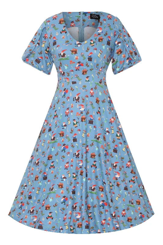 Janice Blue Petal Sleeved Tea Dress in Garden Gnome Print