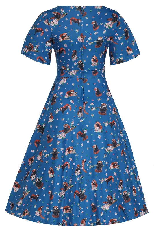 Janice Blue Short Sleeved Tea Dress in Red Panda Print