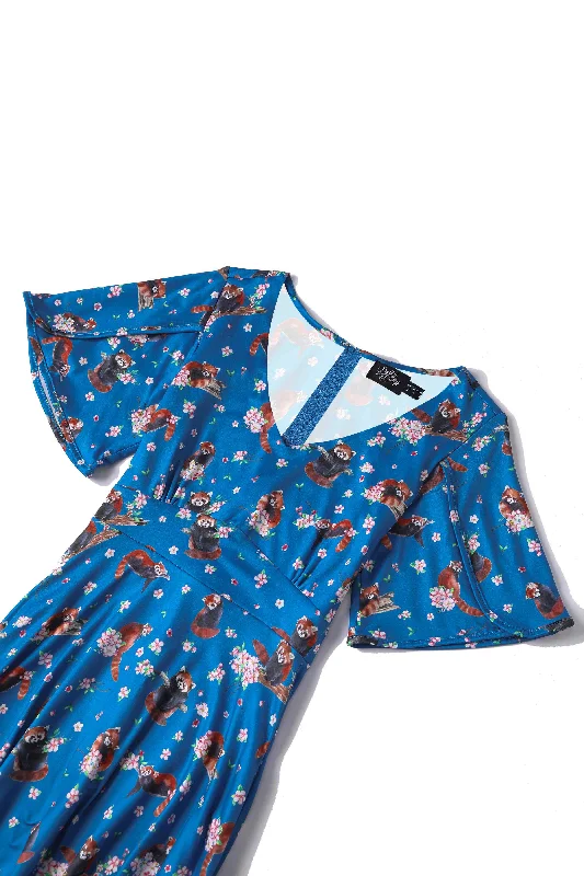 Janice Blue Short Sleeved Tea Dress in Red Panda Print