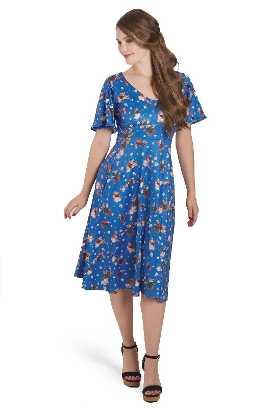 Janice Blue Short Sleeved Tea Dress in Red Panda Print