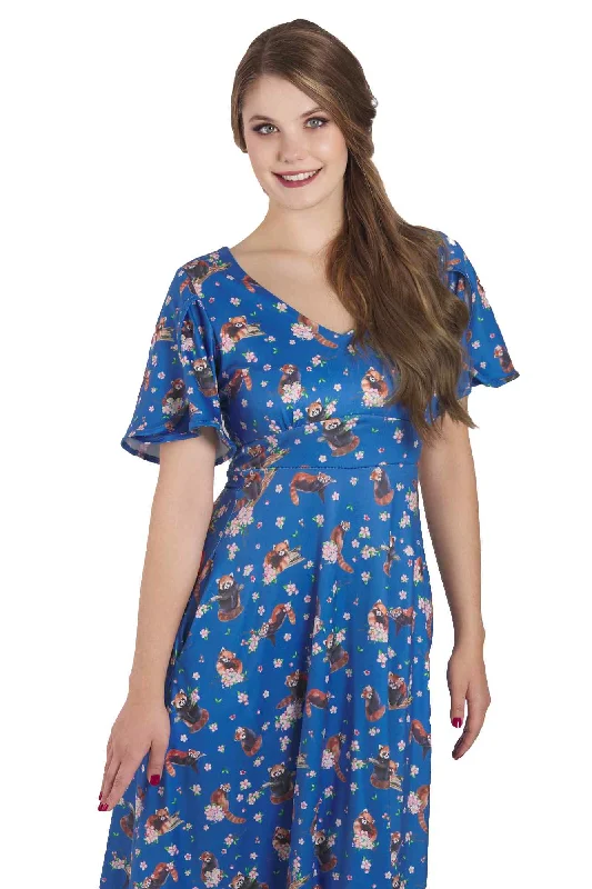 Janice Blue Short Sleeved Tea Dress in Red Panda Print