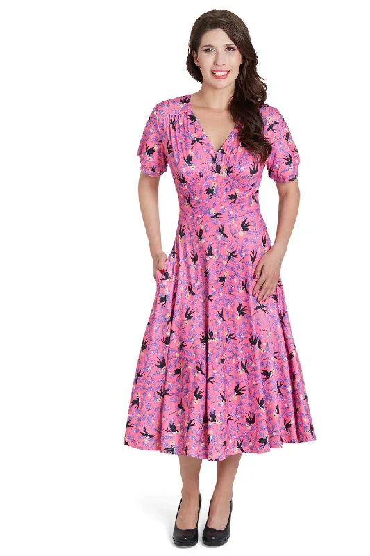 Julia Retro Pink Swallow Tea Dress