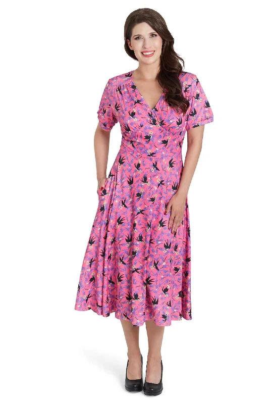 Julia Retro Pink Swallow Tea Dress