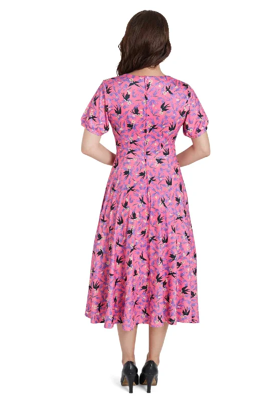 Julia Retro Pink Swallow Tea Dress