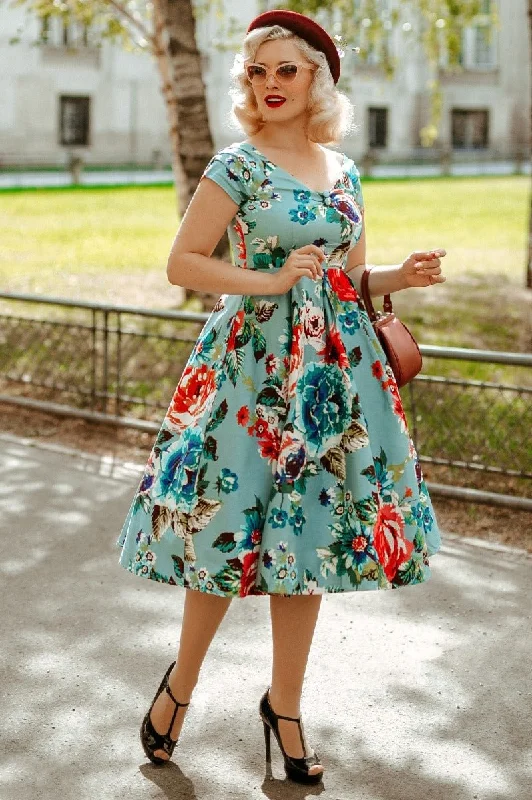 Lily Off Shoulder Blue Floral Swing Dress