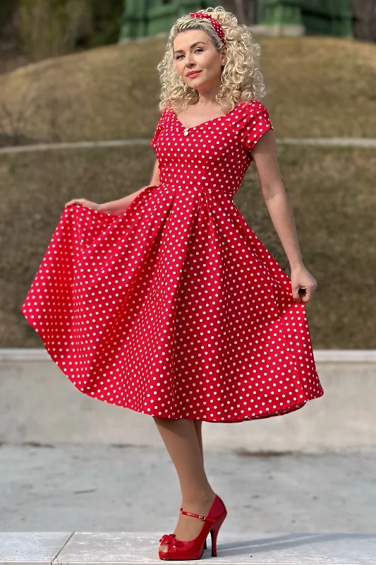 Lily Off-Shoulder 50's Polka Dot Swing Dress in Red/White