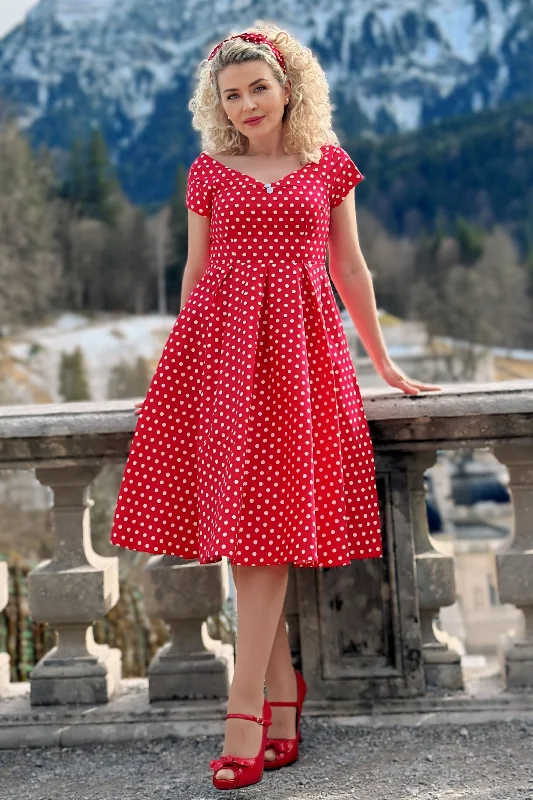 Lily Off-Shoulder 50's Polka Dot Swing Dress in Red/White