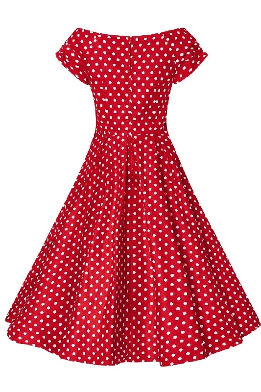 Lily Off-Shoulder 50's Polka Dot Swing Dress in Red/White