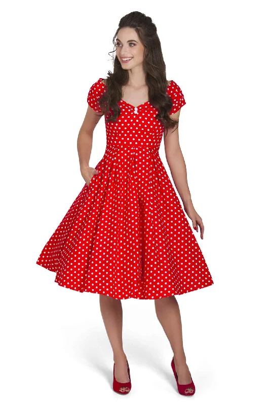 Lily Off-Shoulder 50's Polka Dot Swing Dress in Red/White